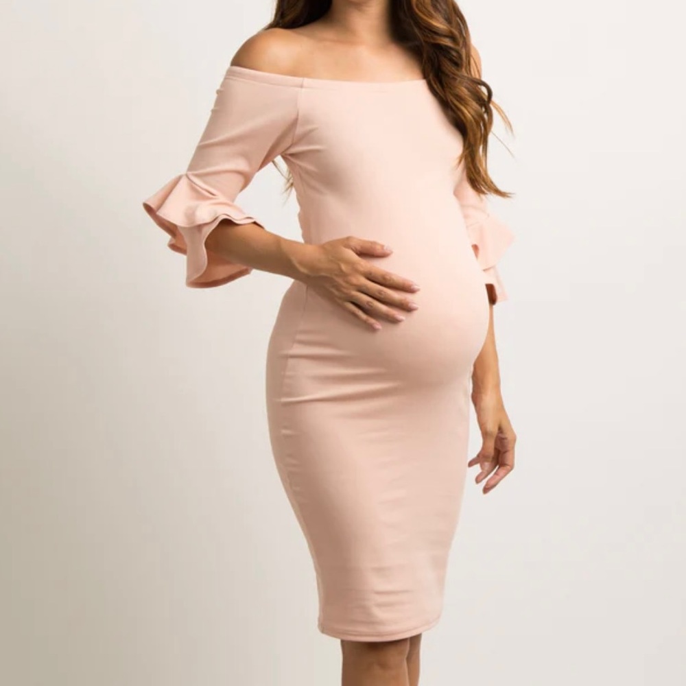 Pink Blush Maternity Dress. Flounce Sleeve Fitted Dress